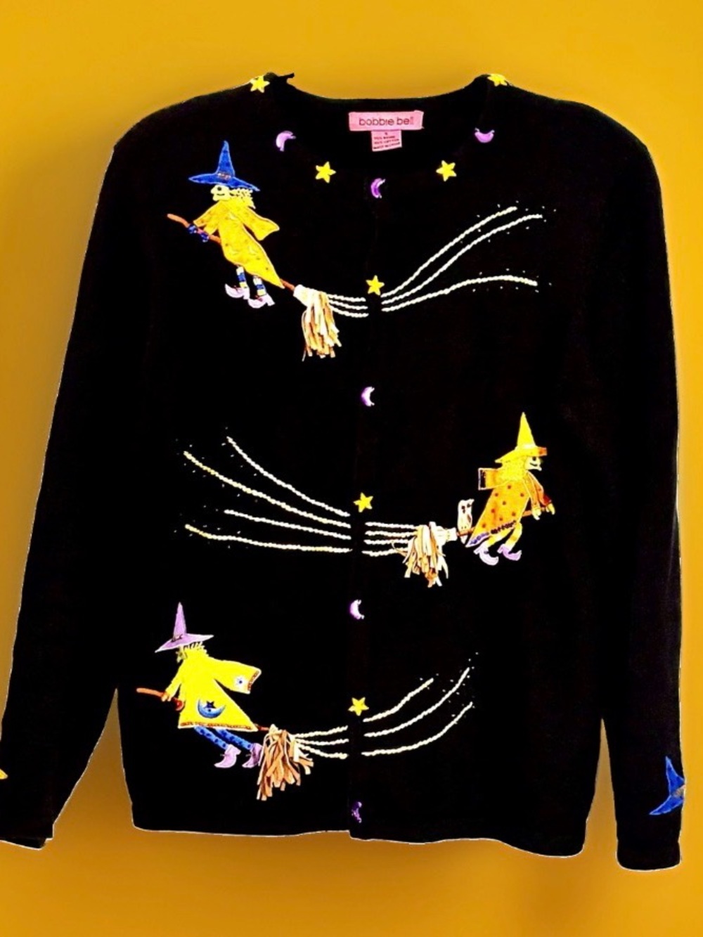 y2k Halloween cardigan featuring 3D patchwork feltwork beaded witches on a broom